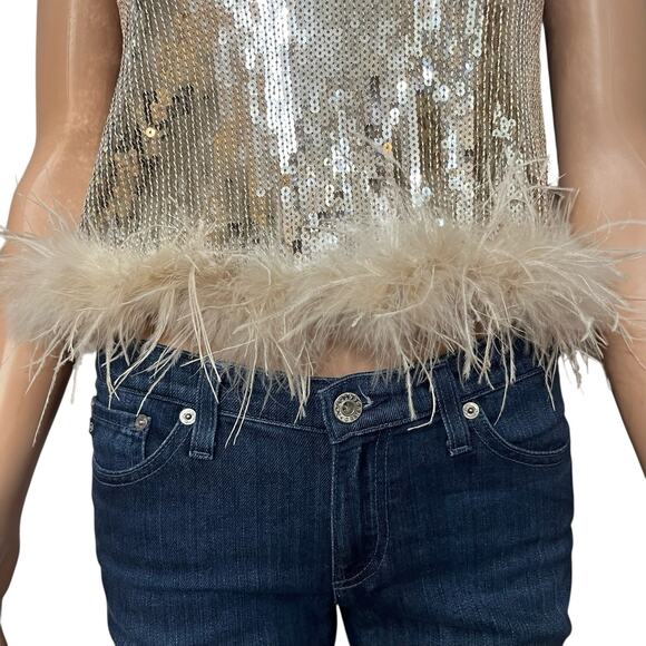 Lulus Perfectly Glowing Sequin Feather Tank Top XS Cropped Holiday Concert - Picture 2 of 11